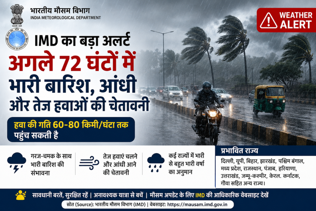 IMD Weather Alert: अगले 72 घंटों में भारी बारिश और आंधी का खतरा, कई राज्यों के लिए चेतावनी जारी